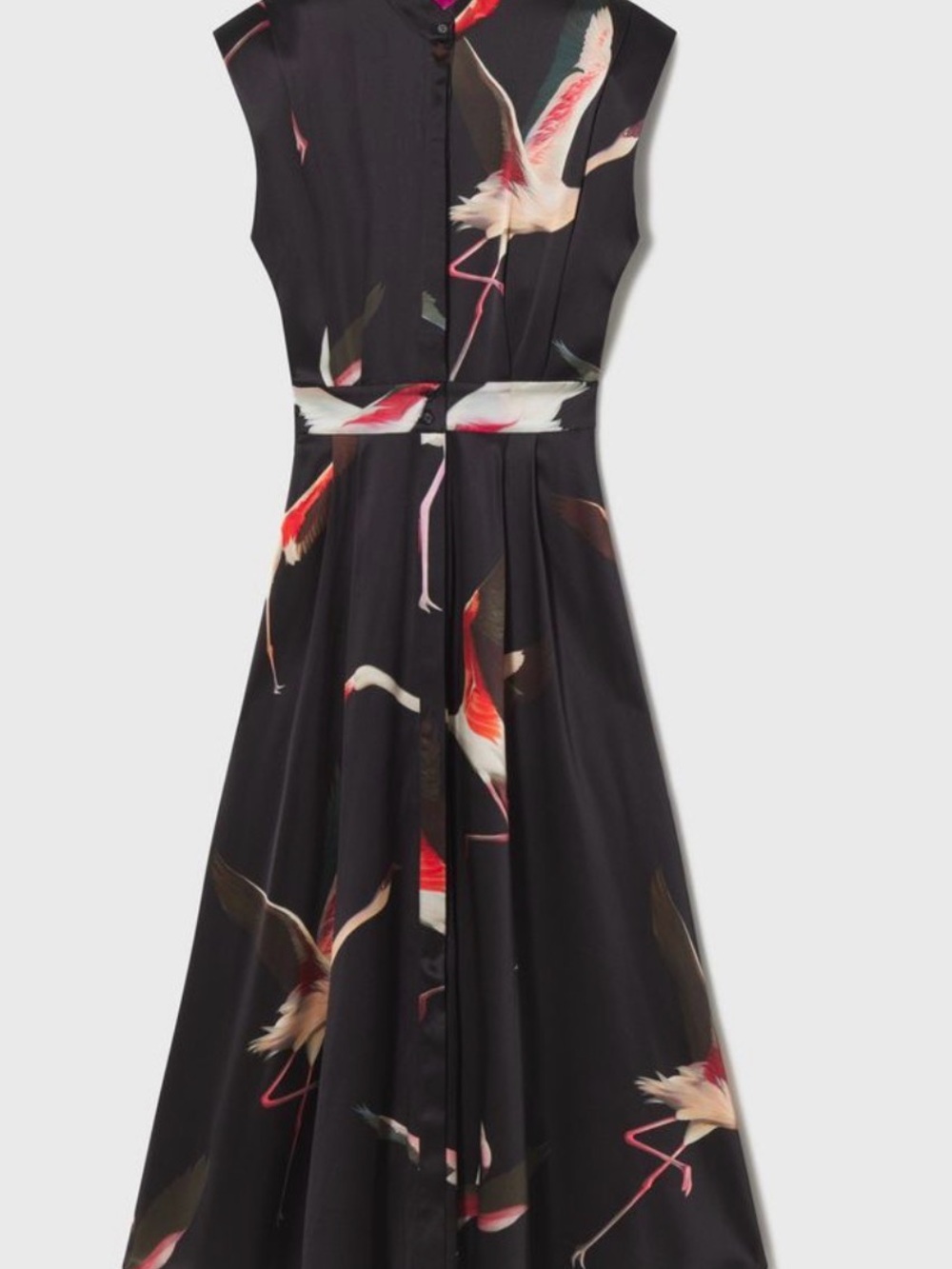 Heidi Merrick black satin dress with flamingos